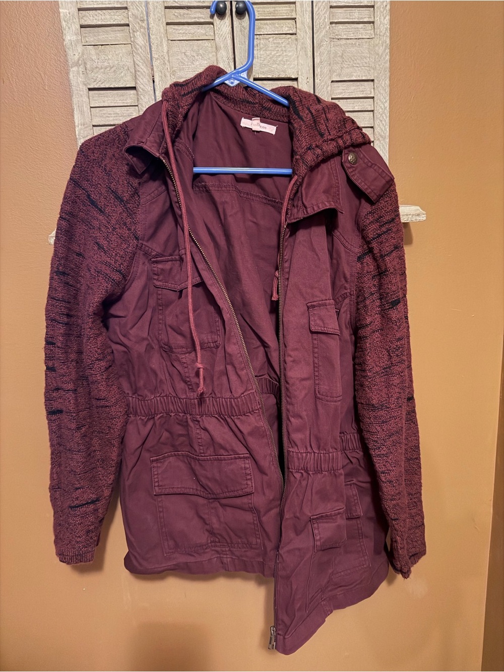 Maurices Maroon Utility Jacket with Knit Sleeves